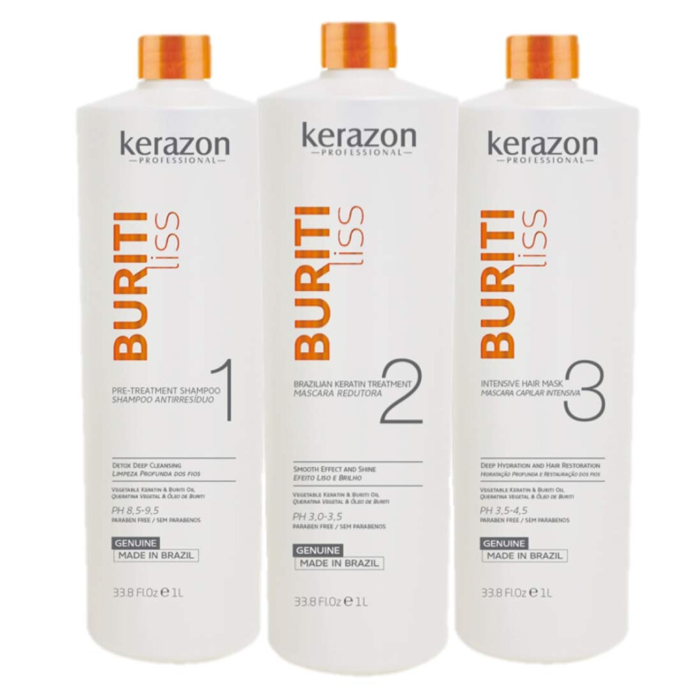 Kerazon Professional Brazilian Keratin Treatment 34Fl.oz/1L Tratamiento De Keratina Brasilera Importada Kit W/ Pumps Buriti Liss By Kerazon