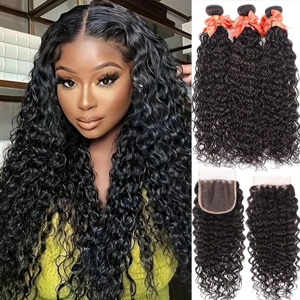 Alimog Water Wave 3 Bundles With Closure Brazilian Virgin Human Hair Wet And Wavy Bundles With 4X4 Lace Closure 10A Water Wave Bundles And Closure (24 26 28+