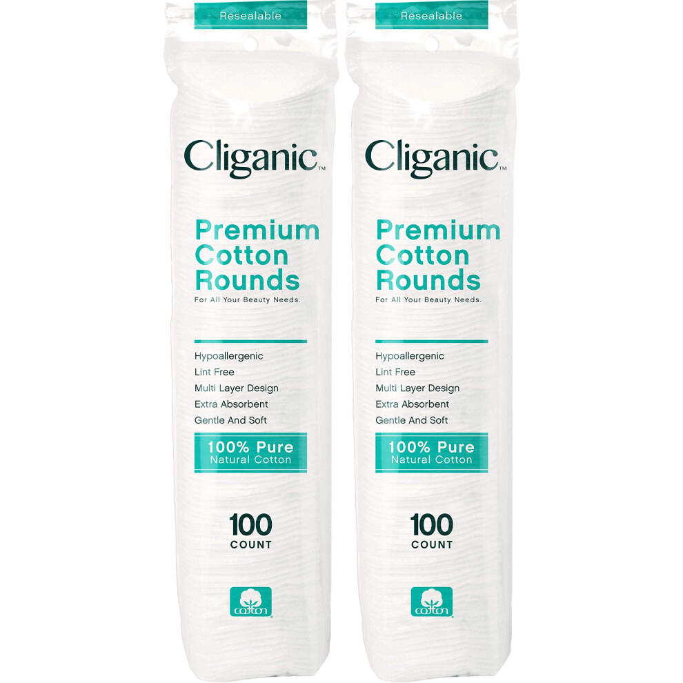 Cliganic Premium Cotton Rounds For Face (200 Count) | Makeup Remover Pads Hypoallergenic Lint-Free | 100% Pure Cotton