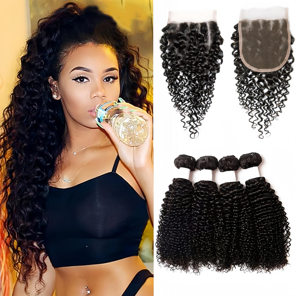 Risbaer Mongolian Kinkys Curly Hair Bundles With Closure Deep Curly Human Hair 4Bundles(50G/Bundle) With 4X4 Lace Closure Mongolian Curly Hair Weave Bundles W