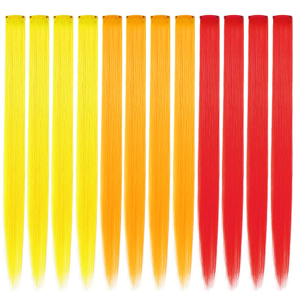 FAIRY COLOR 21 Inch Red Orange Hair Pieces Colored Hair Extensions for Girls Kids Straight Fashion Hairpieces for Party Highlights 12PCS(Yellow Red Or