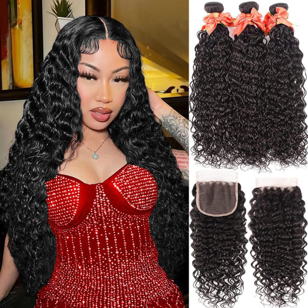 Alimog Water Wave Bundles And Closure Human Hair Wet And Wavy Bundles With Closure 10A Curly Bundles Human Hair With 4X4 Lace Closure Brazilian Virgin Hair B