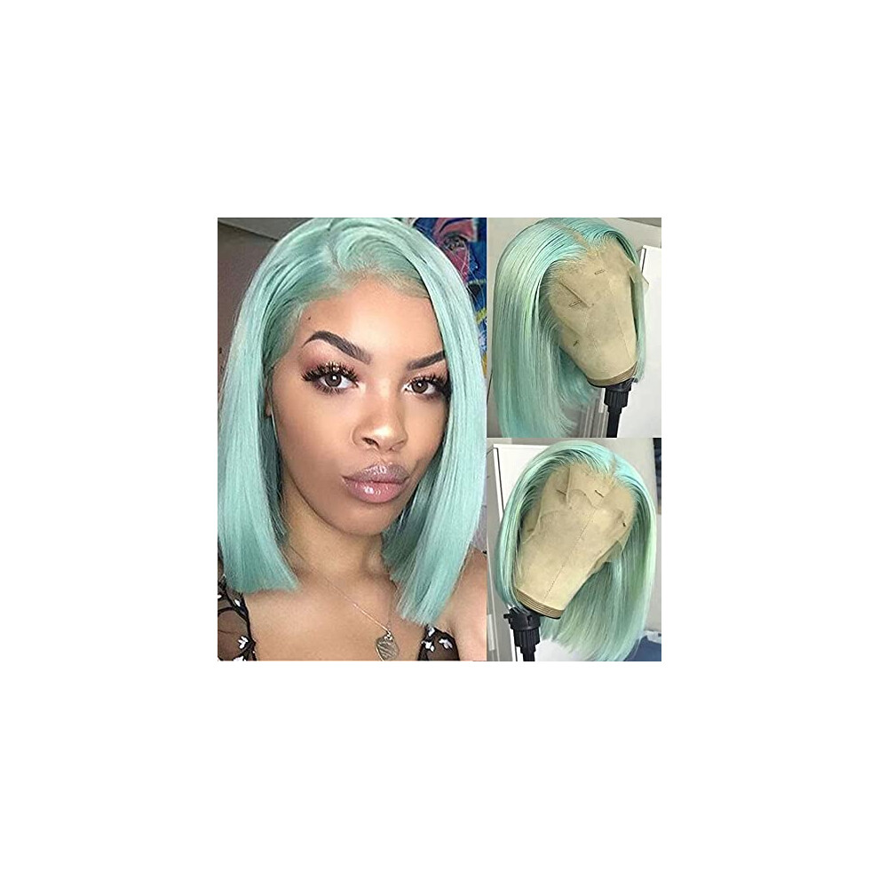 Smartinnov Unisex Green Virgin Human Hair Wigs Glueless Middle Part Silky Straight Hair Wigs Mint 180% Density 8 Inches 13X4 Frontal Pre Plucked Natural Hairline Short