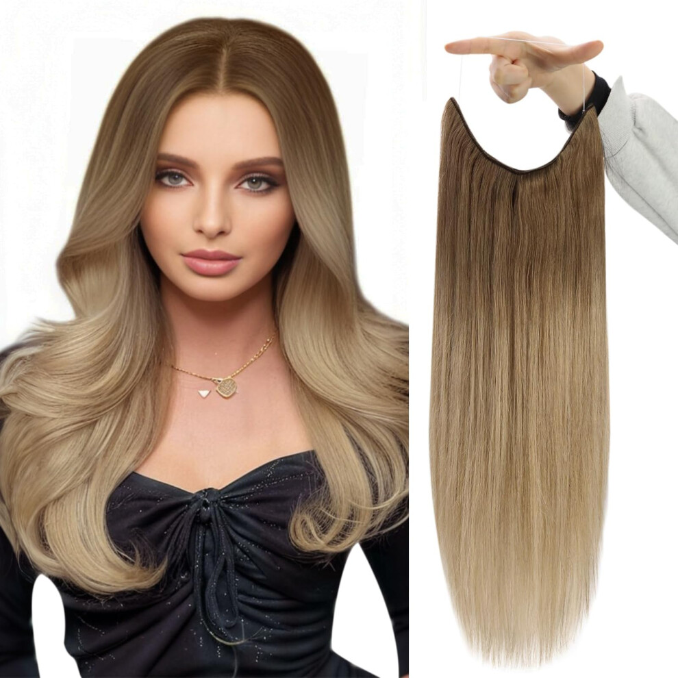 Fshine Unisex Brown Invisible Wire Hair Extensions Real Human Hair Ombre 10/14 To Blonde Balayage 12 Inch Fish Line Hair Extension Human Hair Secret Wire Hai