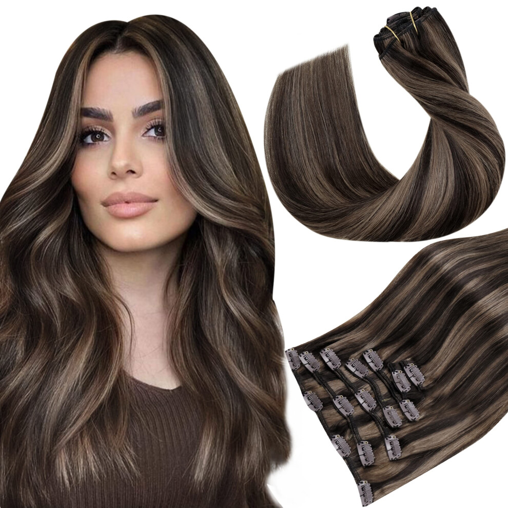 Hetto Clip-In-Extensions Aus Echthaar Mit Aschbraunen Highlights, Nat Rliche Clip-In-Extensions, 7 St Ck, Echthaar-Clip-In-Extensions, Glattes Ha-image