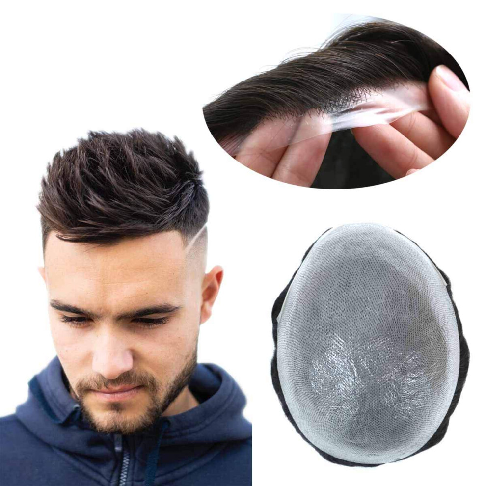 Super Naturale Mens Capelli Pezzo 100% Capelli Umani Non Rilevabile Mens Toupee Sistemi Di Capelli Ultra Sottile Pelle V Looped Capelli #1B-image