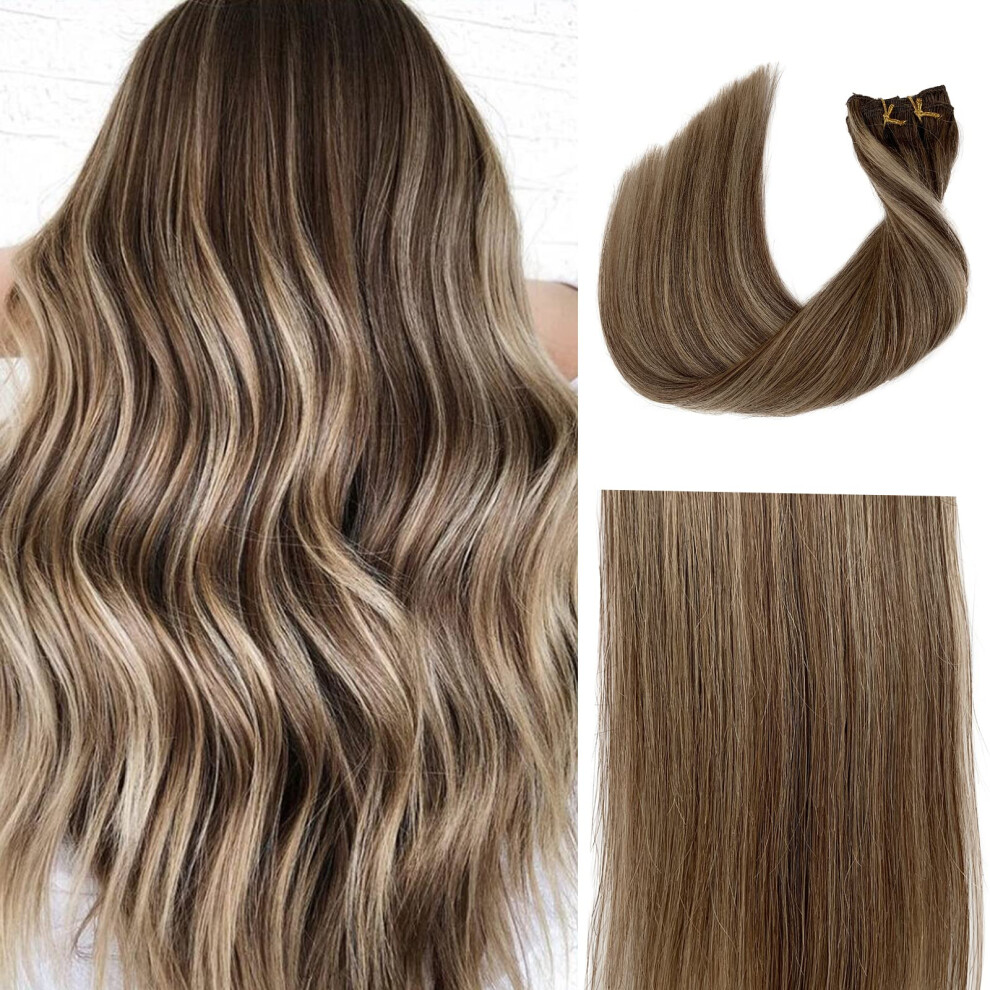 Extensions de cheveux     clips Balayage Ombre, cheveux humains, brun     brun clair et blond beige, 38 cm, m   ches blondes courtes, 70 g, 7 pi   ces