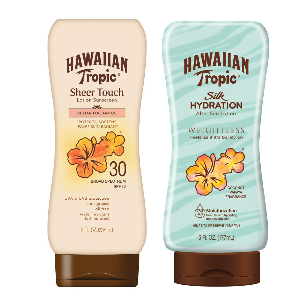 Hawaiian Tropic SPF 30 Broad Spectrum Sunscreen and After Sun Pack with 8oz Sheer Touch Moisturizing Sunscreen Lotion and 6oz Silk Hydration Weightles