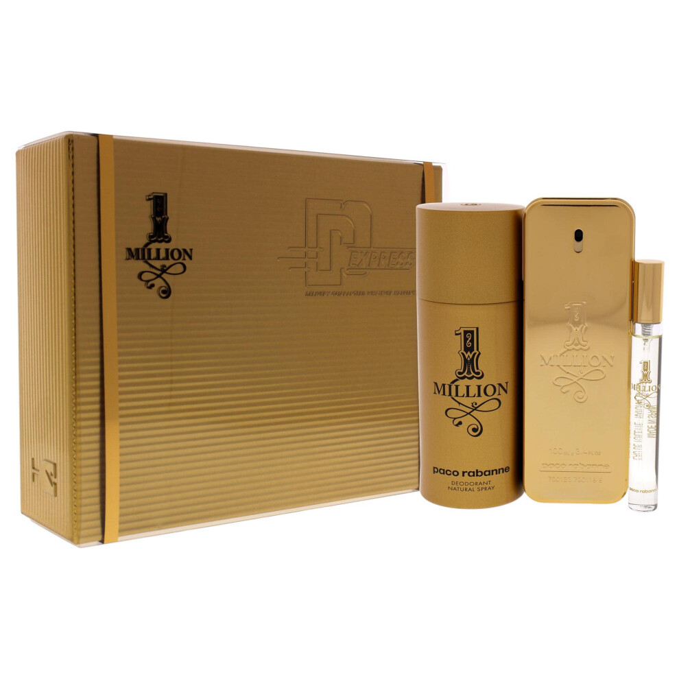 Paco Rabanne 1 Million Men 3.4oz EDT Spray  0.34oz EDT Spray  5.1oz Deodrant Spray 3 Pc Gift Set