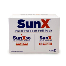 CoreTex Sun X 50 Broad Spectrum Sunscreen Packets & Dry Towels Duo Kit - Pack of 25 Paraben Oxybenzone Octinoxate & Oil Free Sunscreen - No White C