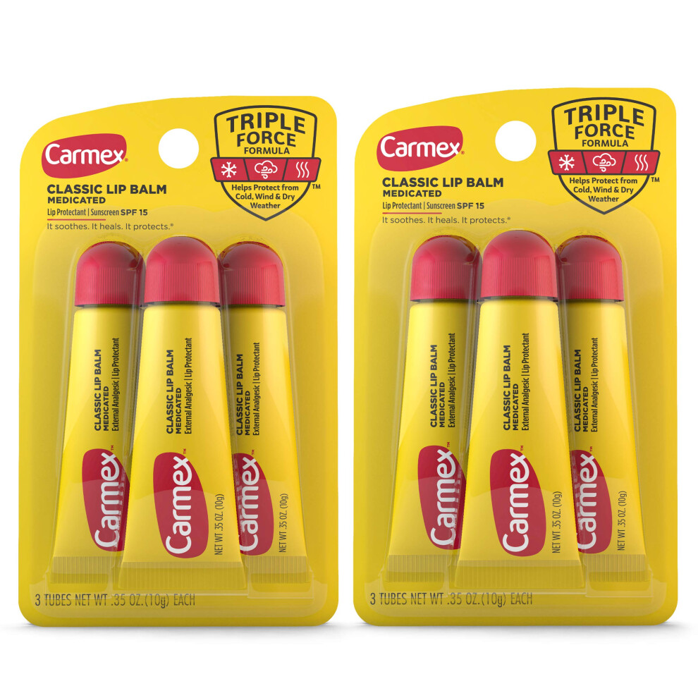 Carmex Medicated Lip Balm Tubes  Lip Moisturizer for Dry  Chapped Lips  0.35 OZ - (2 Packs of 3)