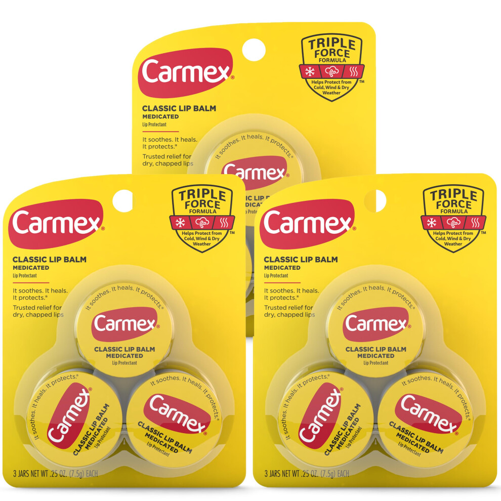 Carmex Classic Medicated Lip Balm Jars Lip Moisturizer For Chapped Lips 9 Count (3 Packs Of 3)