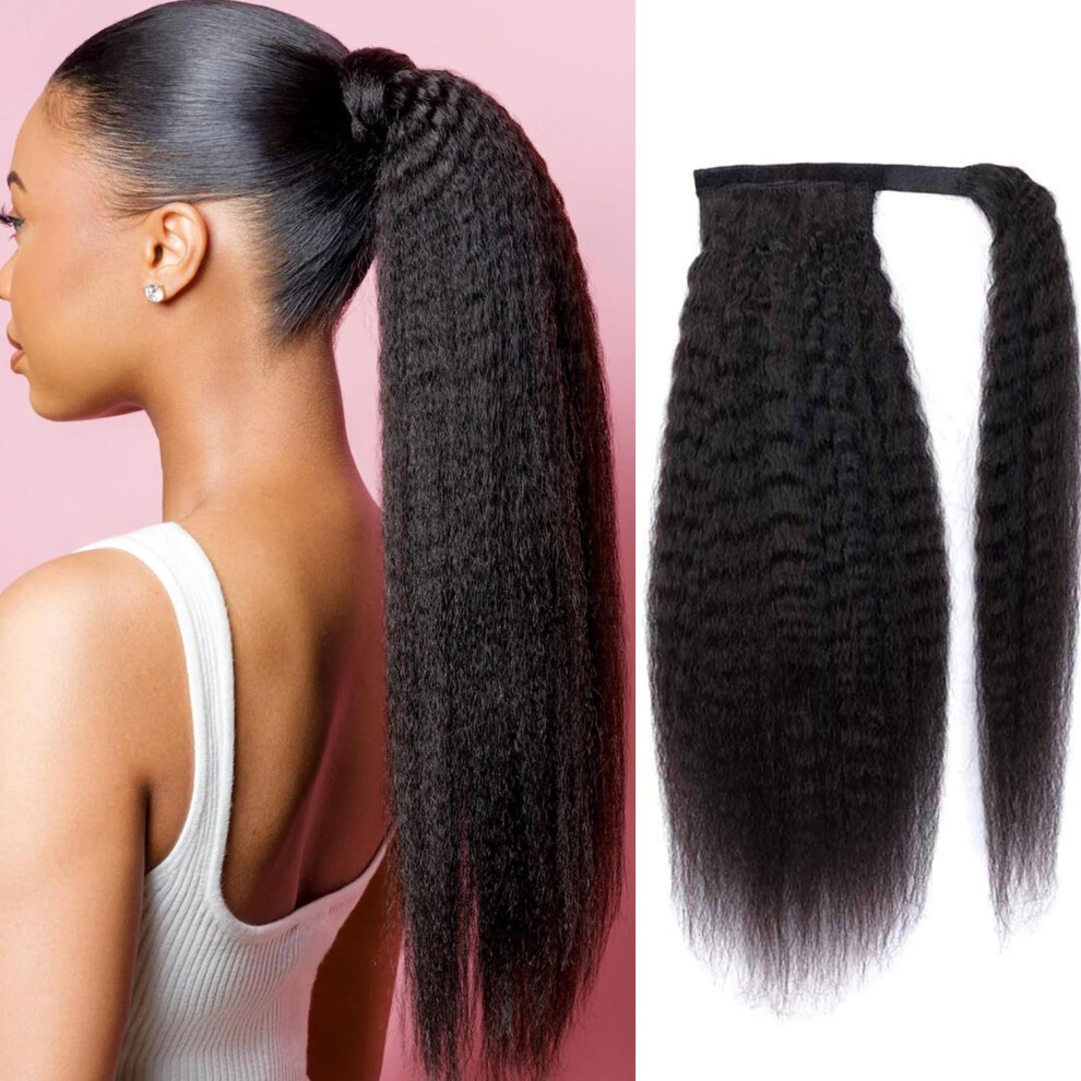 Seelaak 22 Inch Lange Wikkel Rond Kinky Steil Menselijk Haar Paardenstaart Yaki Steil 100% Menselijk Haar Paardenstaart Haarstuk Met Clips Magisc-image