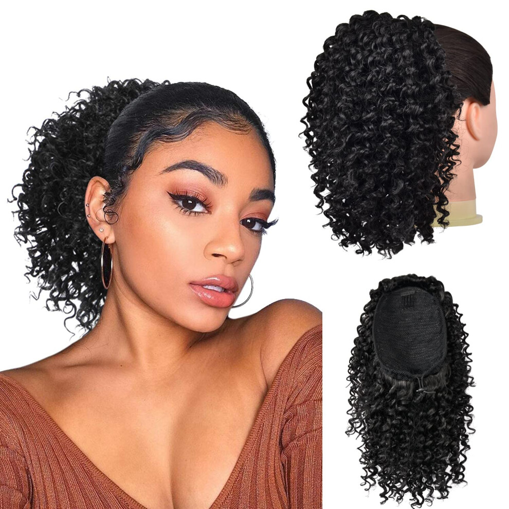 Peacoco Unisex Black Drawstring Ponytail Afro Kinky Curly Ponytail For Women 10 Inch Synthetic Hairpieces Clip In Jerry Curls Afro Puff Ponytail Extensions