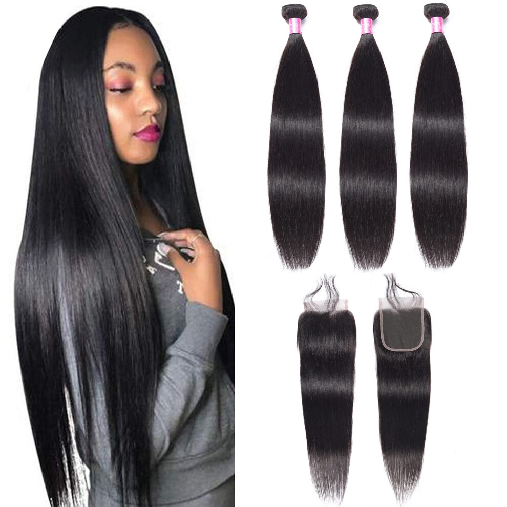 Fq Unisex Not,Specified Peruvian Straight Human Hair Bundles With Closure(20 22 24+16 Closure) Unprocessed Virgin Human Hair 3 Bundles With Closure 10A Straight Hair Wave