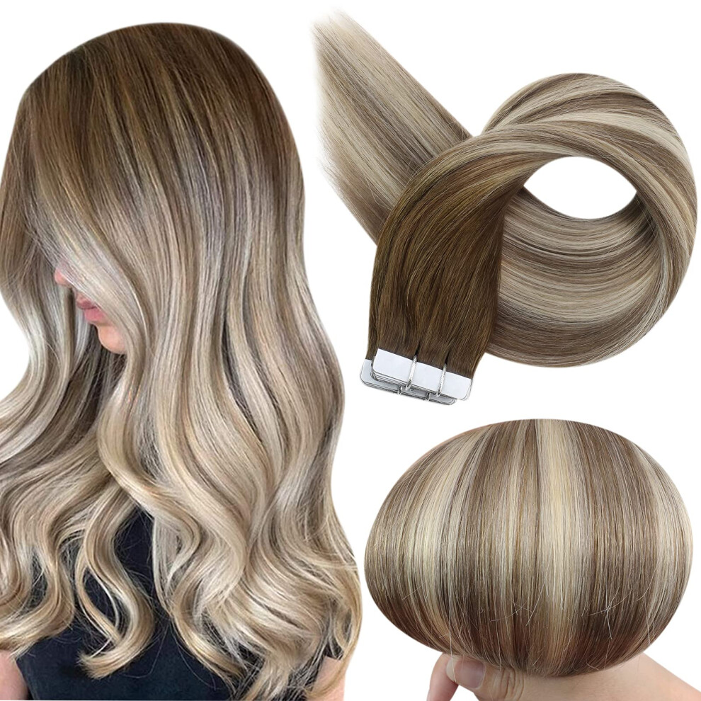 Fshine Full Shine Tape In Hair Extensions Human Hair 12 Inch Tape Ins Human Hair Extensions Balayage Color 3/8/22 Dark Brown Fading To Brown And Blonde Hair