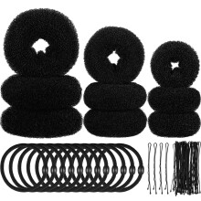 Kvinder piger og b?rn skum svamp donut h?r bolle Shaper s?t - 9 ringe med 12 elastiske b?nd og 32 Bobby Pins (sort)