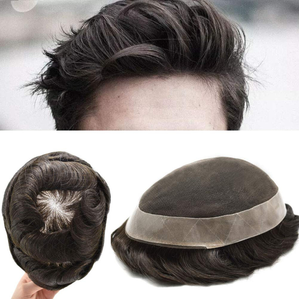 LYRICAL HAIR French Lace Hair System for Men Pu Around Mens Toupee Human Hair Toupee for Men Hairpiece 120% Medium Light Medium Density #1B Off Black