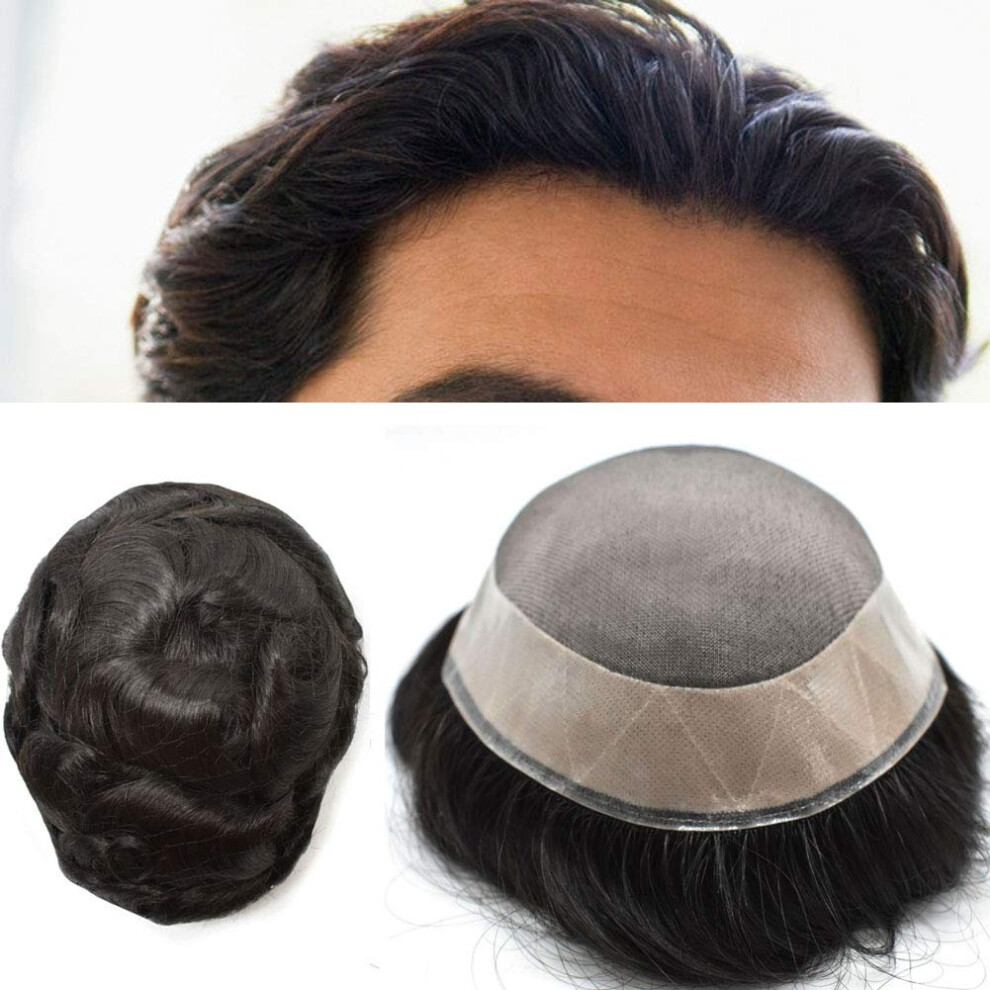 LYRICAL HAIR Fine Mono Remy Hair System Mens Toupee Poly Skin Around 140% Medium Heavy Density Hair Replacement for Men 7X9  1B Off Black
