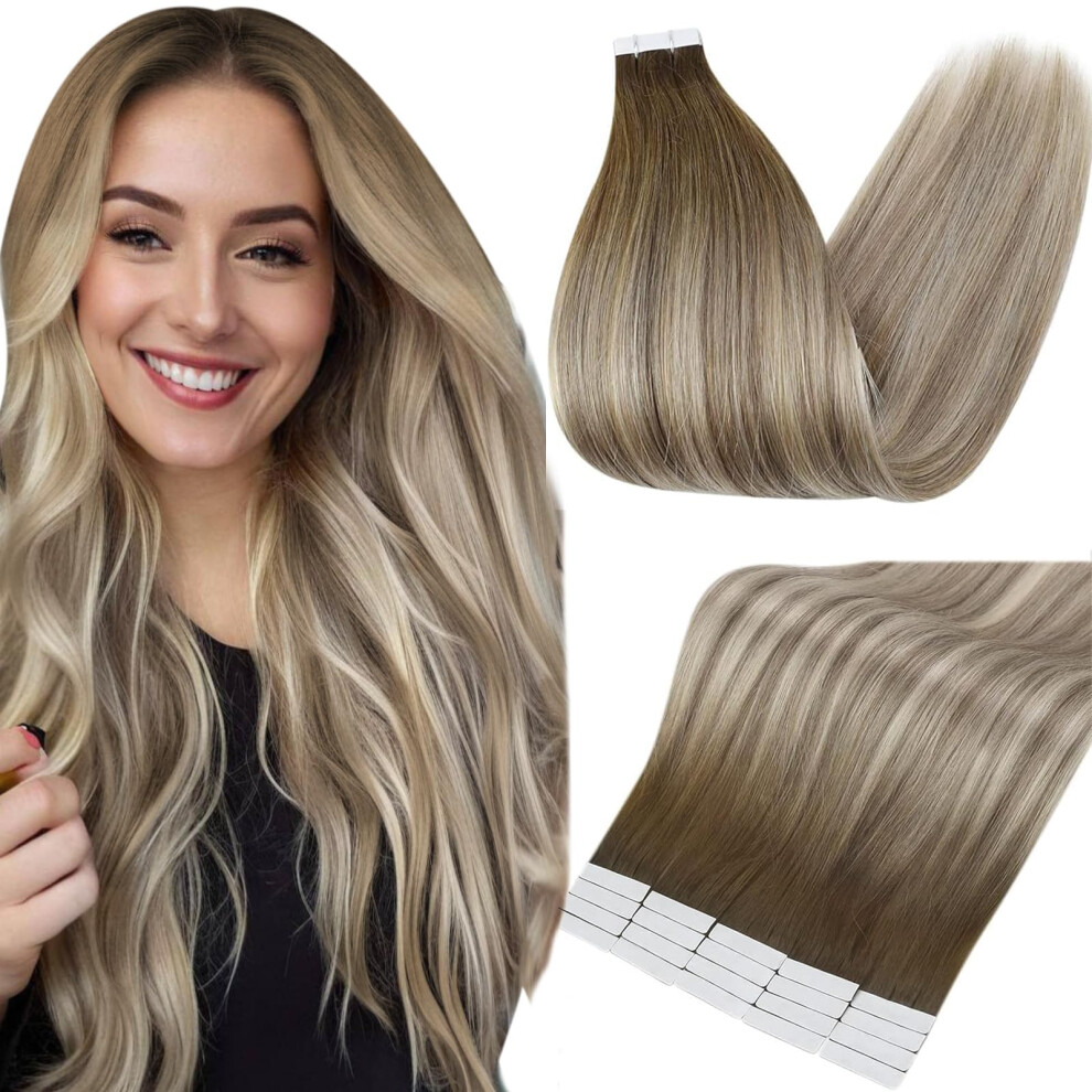 Fshine Full Shine Hair Extensions Tape In Hair 12 Inch Invisible Tape On Remy Hair Extensions Balayage Color 3 Dark Brown Fading To 6 And 22 Blonde Highlight