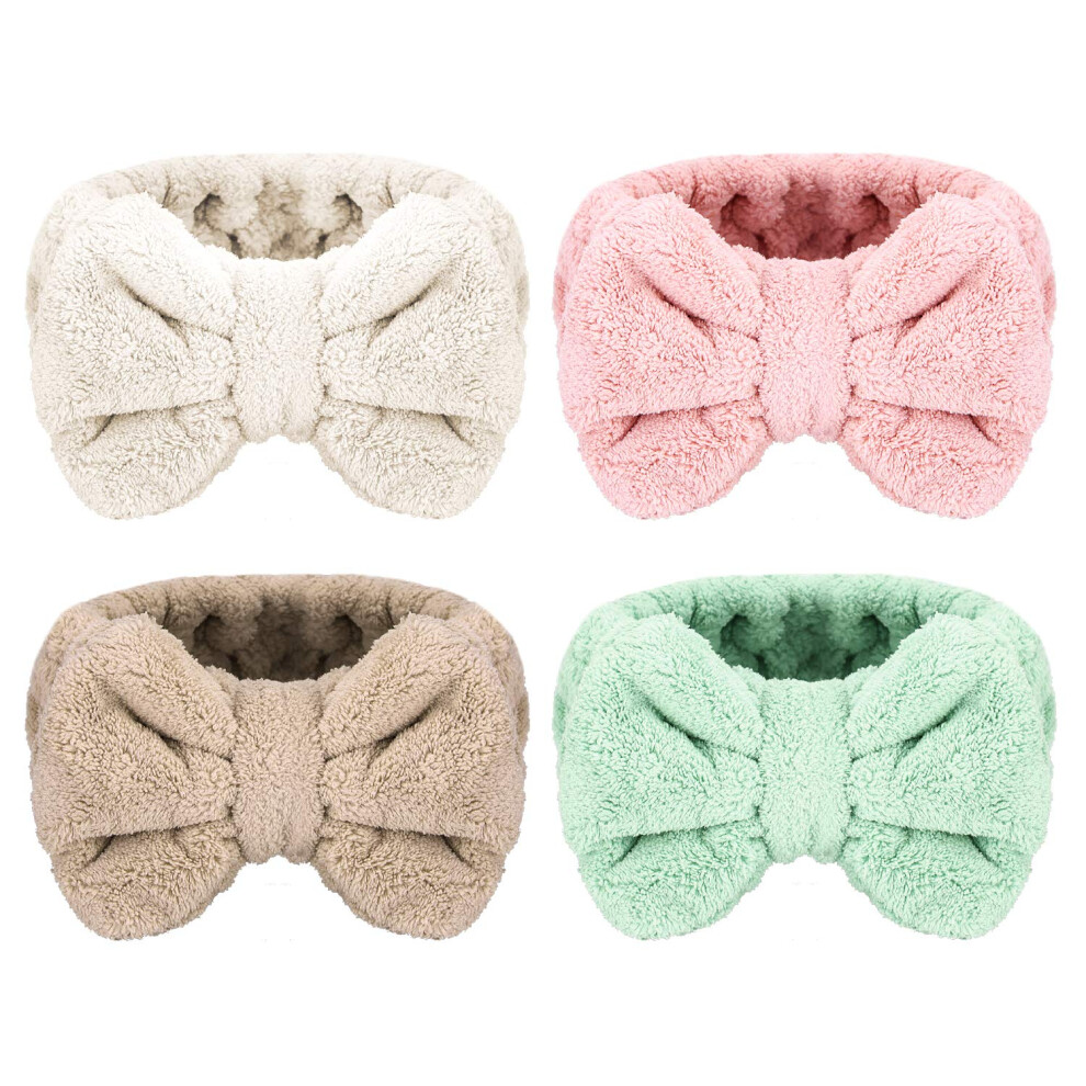 Senkary Unisex Not,Specified 4 Pack Bow Makeup Headband Microfiber Spa Headbands Towel Headband Soft Puffy Washing Face Headband For Women Girls Shower Bath Skincare (Ligh