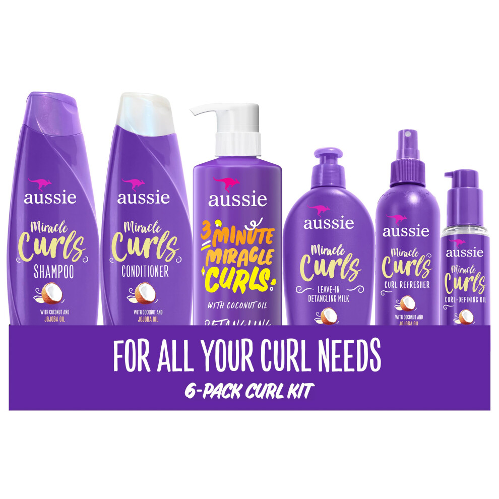 Aussie Miracle Curls Set: Shampoo  Conditioner  Deep Hydration  Spray Gel  Detangling Milk  and Oil Hair Treatment  Curl Oil  Coconut & Jojoba  Frizz