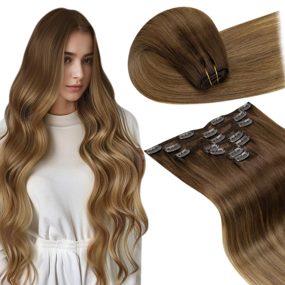 Laavoo Clip In Hair Extensions Real Human Hair Brown Balayage # 8 Mix Golden Blonde Human Hair Clip In Extensions Blonde Balayage Real Hair Extensions
