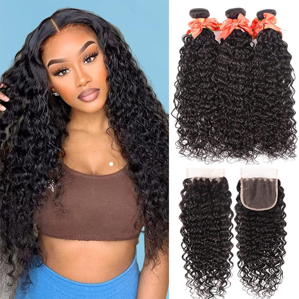 Alimog Water Wave Bundles With Closure 10A Wet And Wavy Human Hair Bundles With 4X4 Lace Closure Brazilian Virgin Hair Lace Closure And Curly Bundles Human H