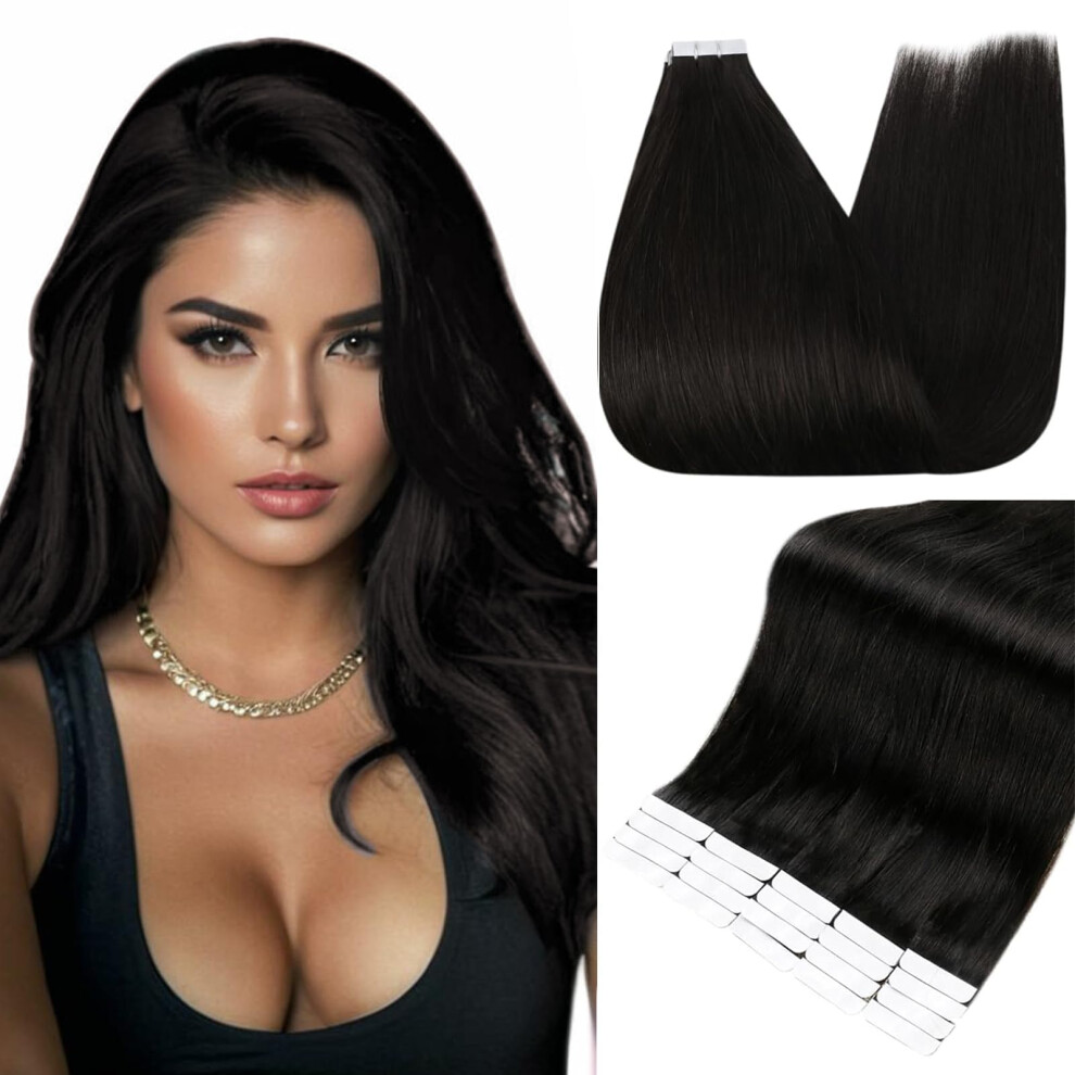 Fshine Full Shine Hair Extensions Real Human Hair 1B Natural Black Hair Extensions Tape In 14 Inch Seamless Tape In Hair Extensions Straight Hair 20Pcs 50Gra
