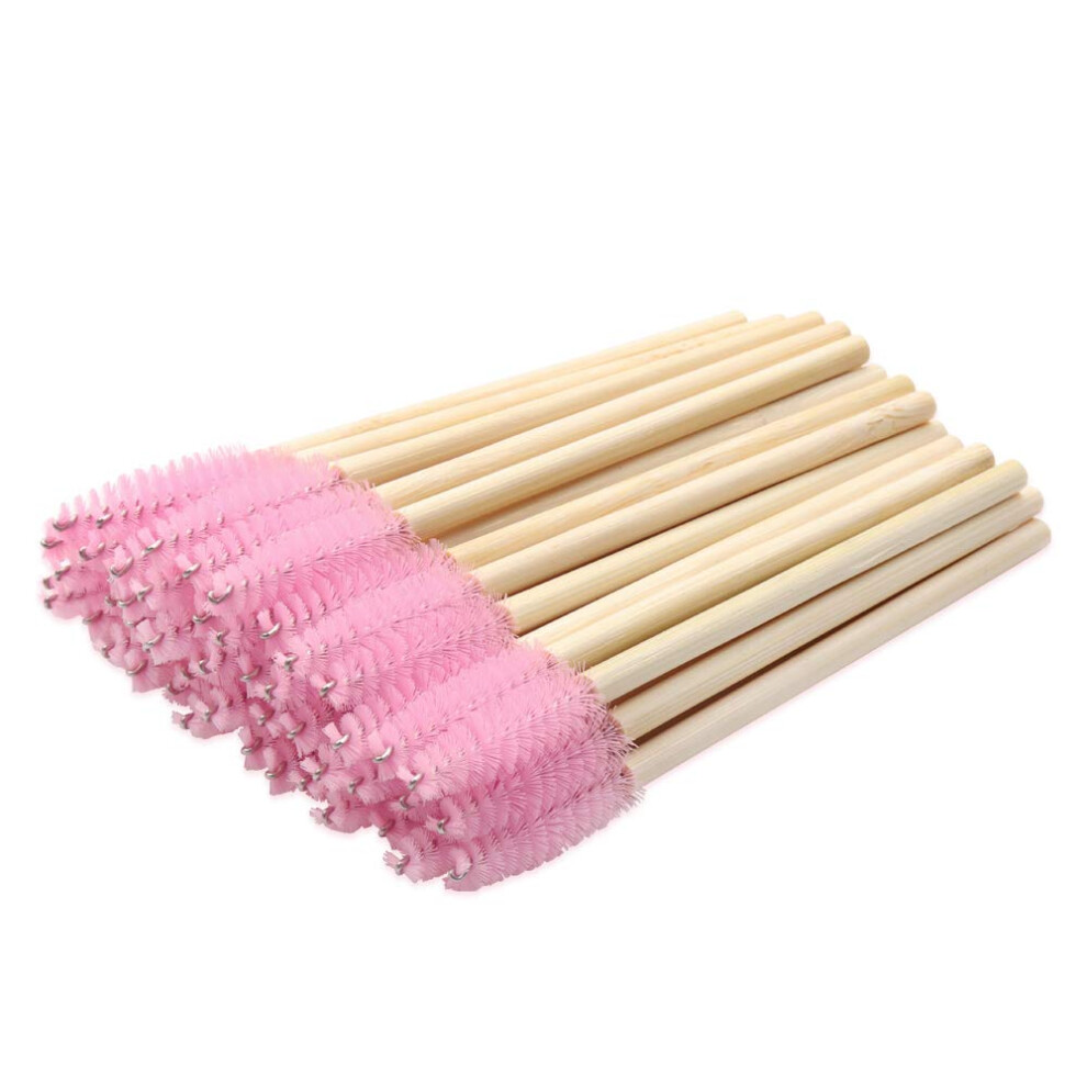 Mekupeu Pink 100 Pcs Disposable Mascara Wands Bamboo Spoolies Brush For Eyelash Extensions Spoolie Eyelash Lash Wand Applicator Makeup Kits,