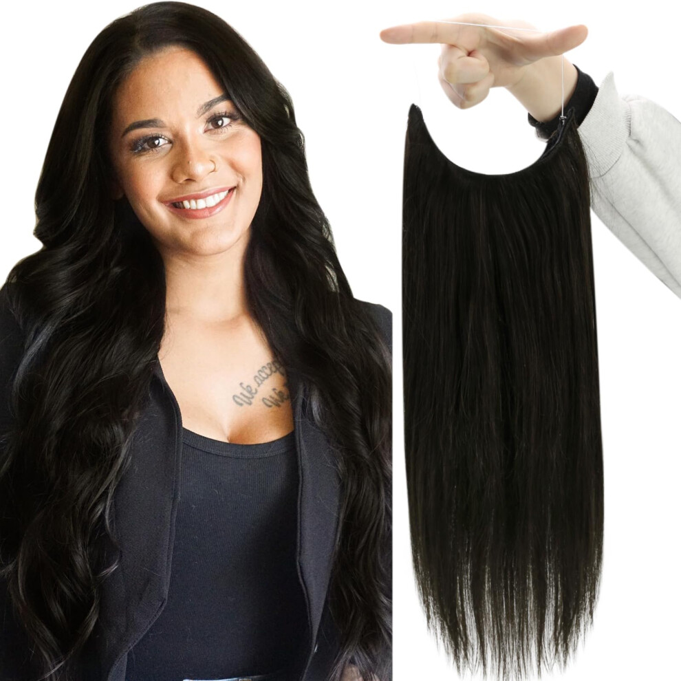 Fshine Black Wire Hair Extensions Real Human Hair Straight Wire Human Hair Invisible Hair Extensions Clip Ins With Transparent Fish Wire Secret Hairpi