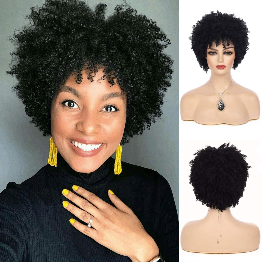 Sallcks Short Kinky Afro Wig For Women Short Curly Afro Wigs Natural Synthetic Curly Cosplay Costume Wigs With Wig Cap Black
