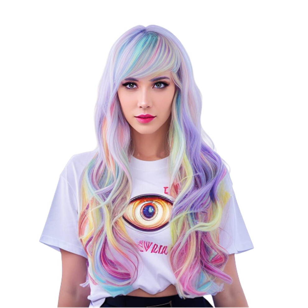 Rugelyss Unisex Rainbow Colorful Wigs For Women 26 Inches Long Wavy Fashion Synthetic Full Head Hair Wig With Bangs For Cosplay Or Party