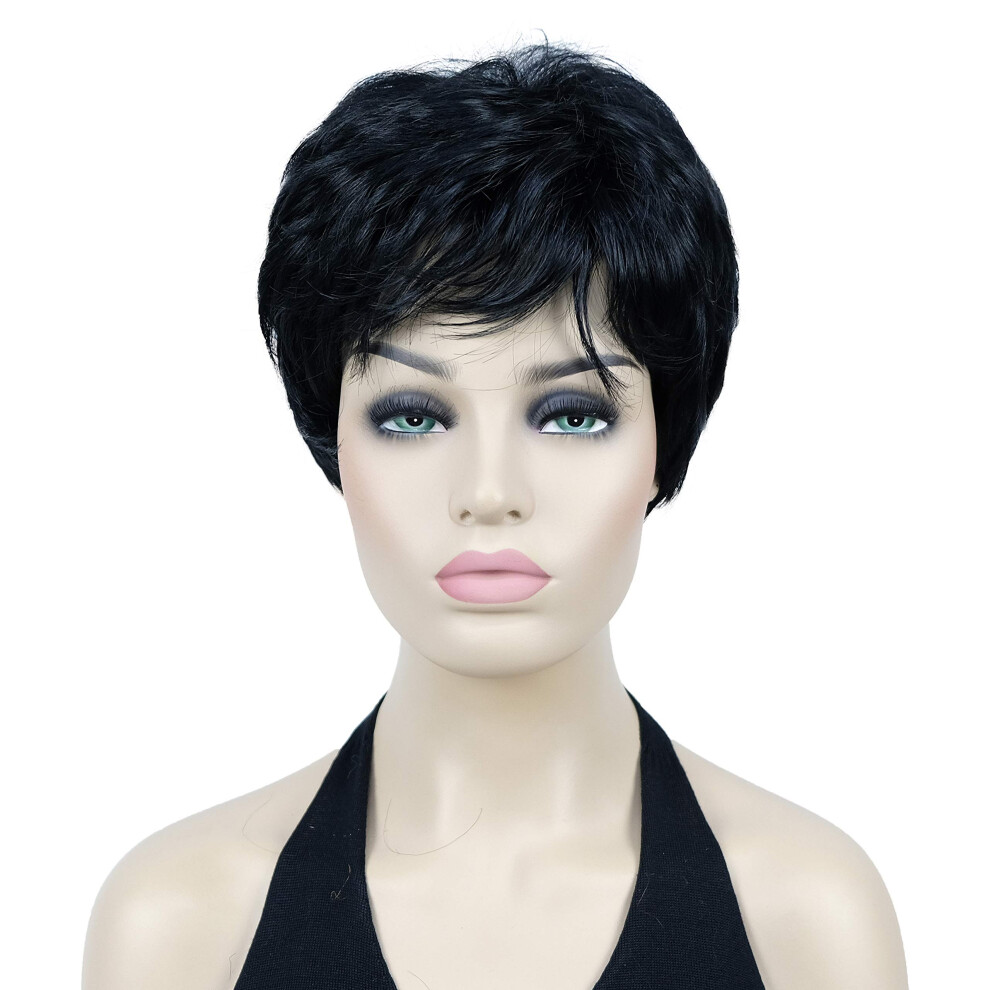 Lydell Unisex Black 6"""" Short Straight Wavy Women Wigs Hair Synthetic Full Wig