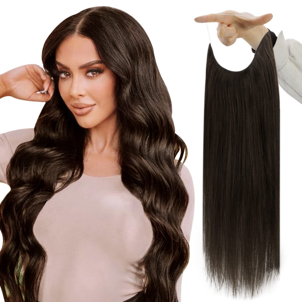 Fshine Fish Line Hair Extensions Human Hair Darkest Brown Invisible Wire Hair Extensions #2 Fish Wire Extensions Brown Hair Extensions Fishing Line Br