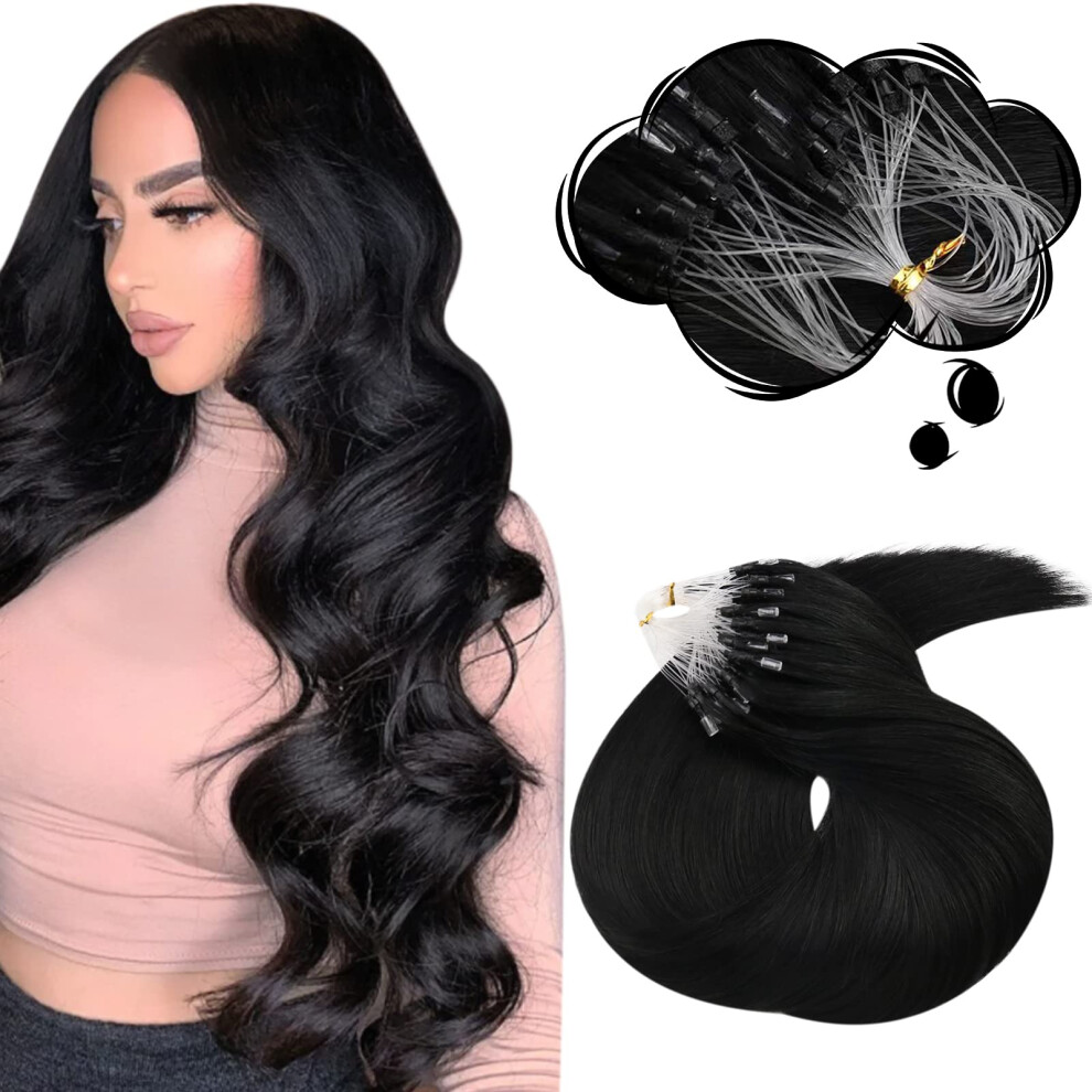 Moresoo Unisex Black Microlink Hair Extensions Human Hair 24 Inch Beaded Hair Extension Color #1 Hair Extensions Microlink Natural Hair 50G/50S Microbead Hai