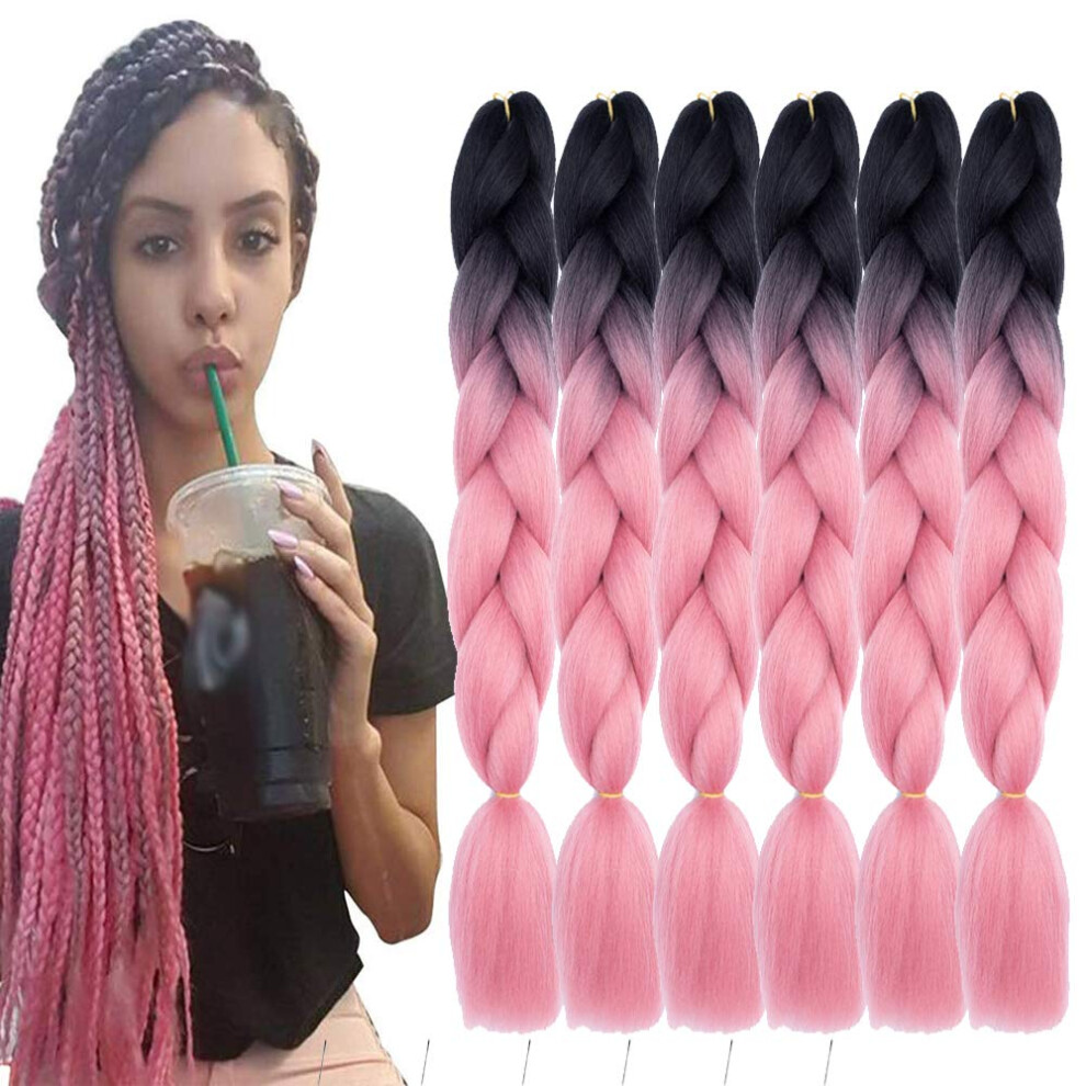 Shuohan 6 Packs Ombre Jumbo Braiding Hair Extensions 24 Inch High Temperature Synthetic Fiber Hair Extensions For Box Braids Braiding Hair (Black To R