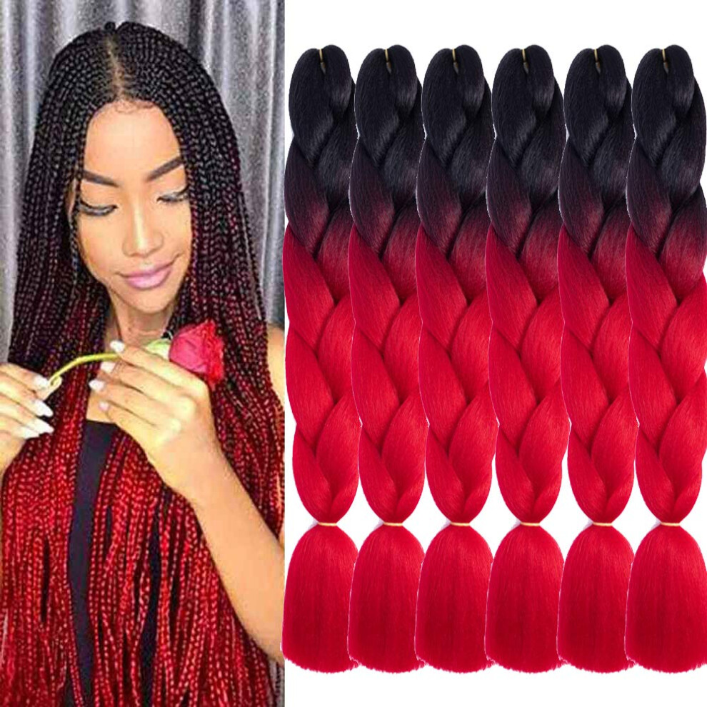 Shuohan 6 Packs Ombre Jumbo Braiding Hair Extensions 24 Inch High Temperature Synthetic Fiber Hair Extensions For Box Braids Braiding Hair (Black To R