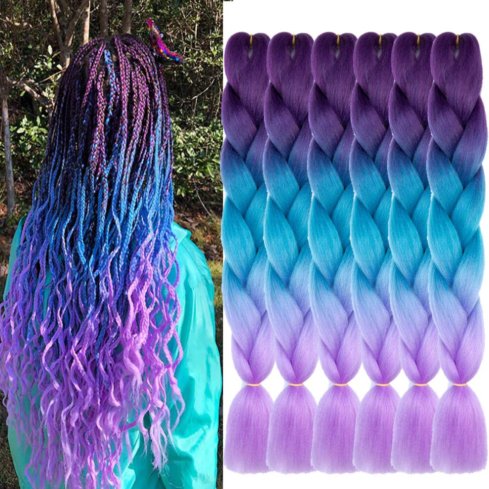Shuohan 6 Packs Ombre Jumbo Braiding Hair Extensions 24 Inch High Temperature Synthetic Fiber Hair Extensions For Box Braids Braiding Hair (Purple To