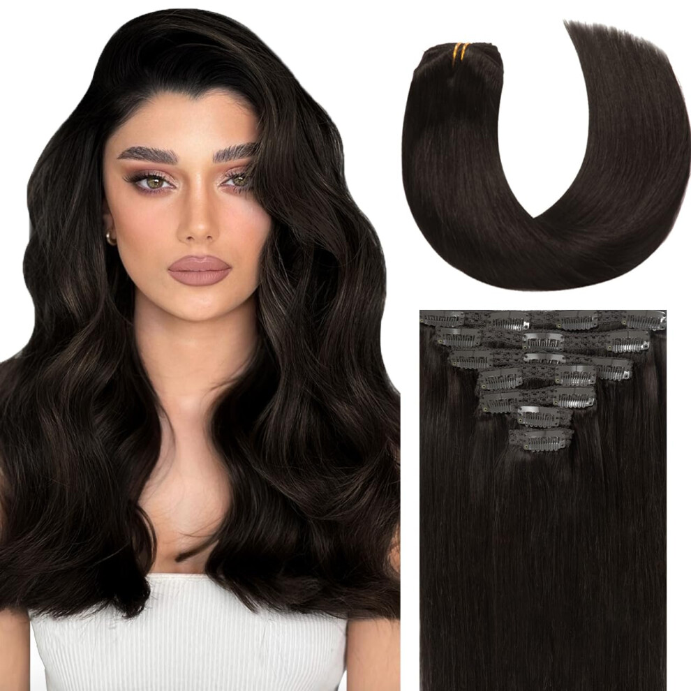 Lacer Hair Extensions Clip In Human Hair 22 Inch Darkest Brown #2 Double Weft 7Pieces 140G Silky Straight Natural Hair Lace Clip In Hair Extensions