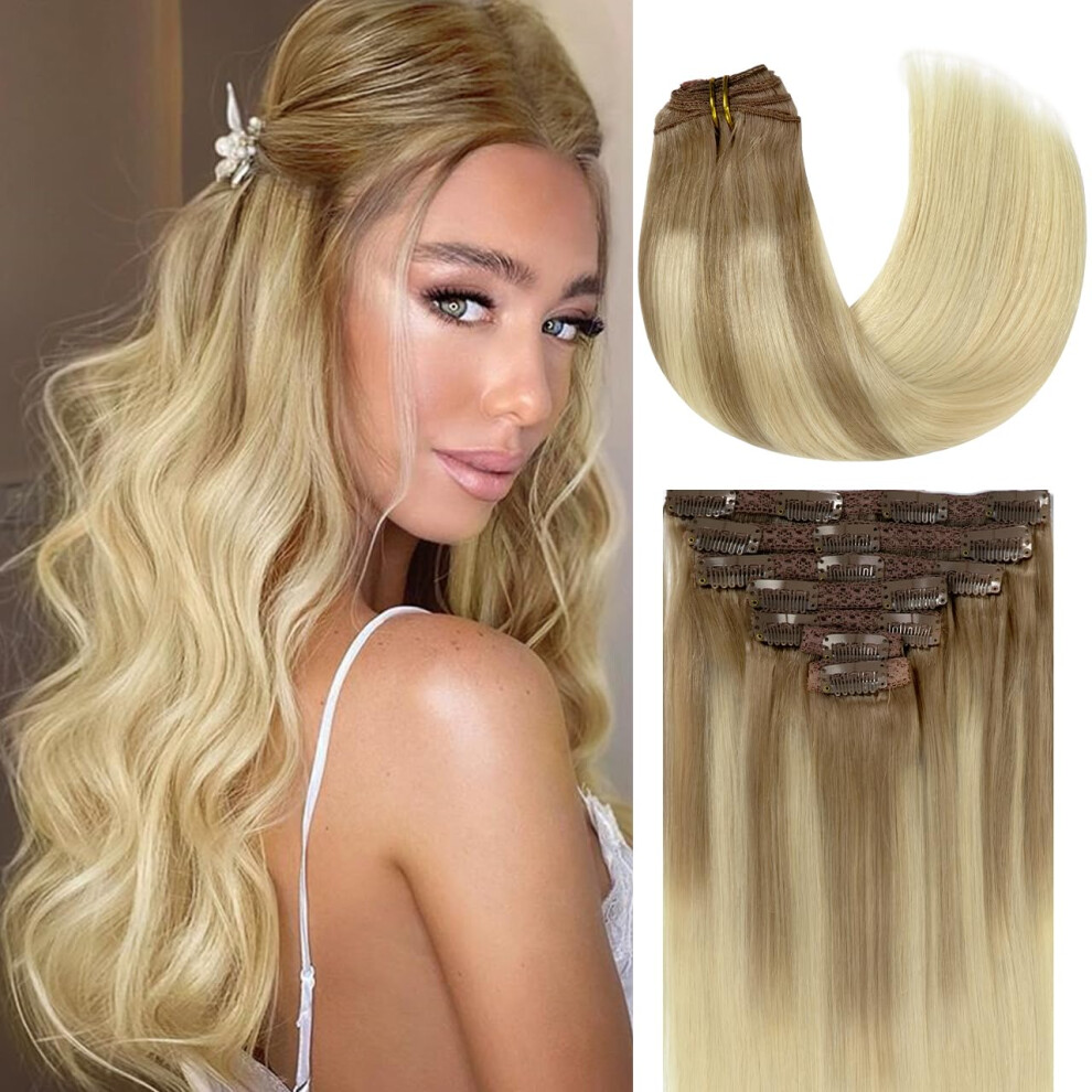 Lacer Unisex Brown,Silver Silky Straight Clip In Hair Extensions Human Hair Lace Double Weft Ombre B#8/60 Light Brown Fading To Platinum Blonde 7Pcs With 16 Clips 120G 16