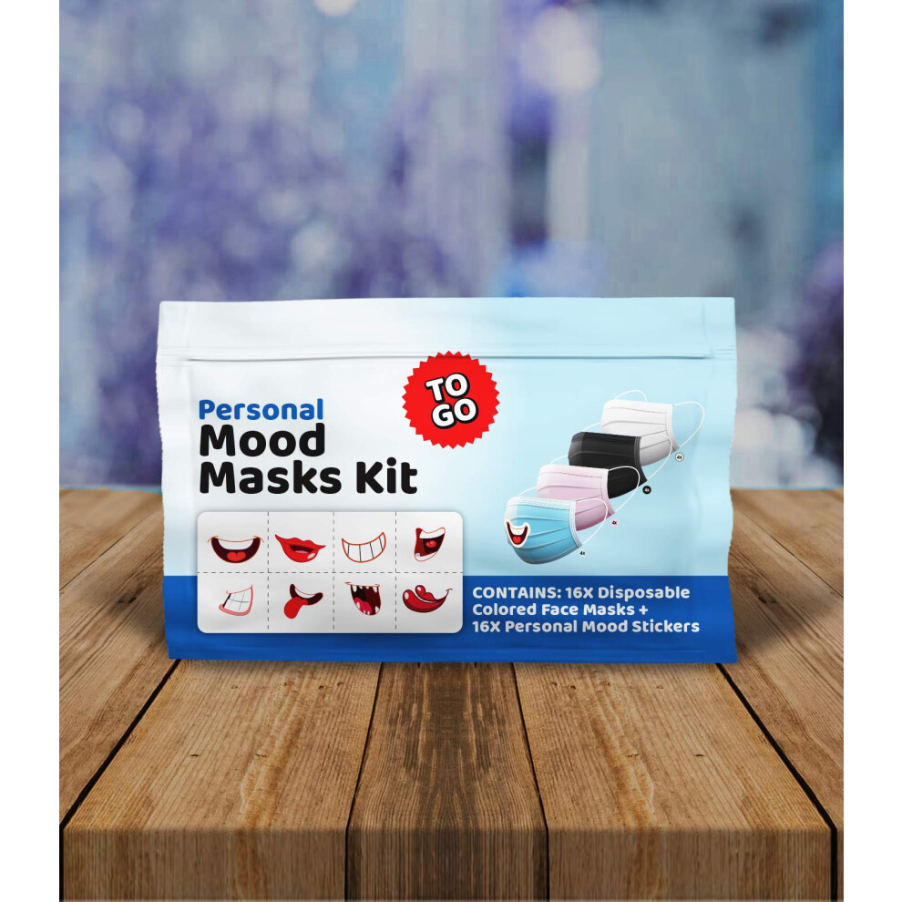 Kit-U-Safe| 16 3-ply Disposable Face Masks in 4 Colors+ 16 Personal Mood Stickers| To-Go: Portable  Convenient  Packable  Take Anywhere| Multi-Use Re-
