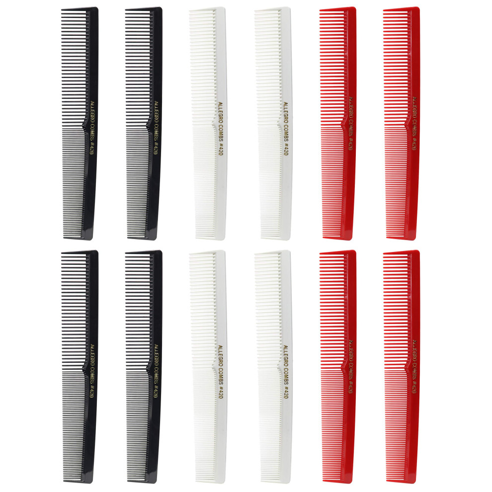 Allegro Combs 420 Barber Comb Set For Hair Stylists - Hair Cutting Pocket Combs In Black Red And White (12 Pack)