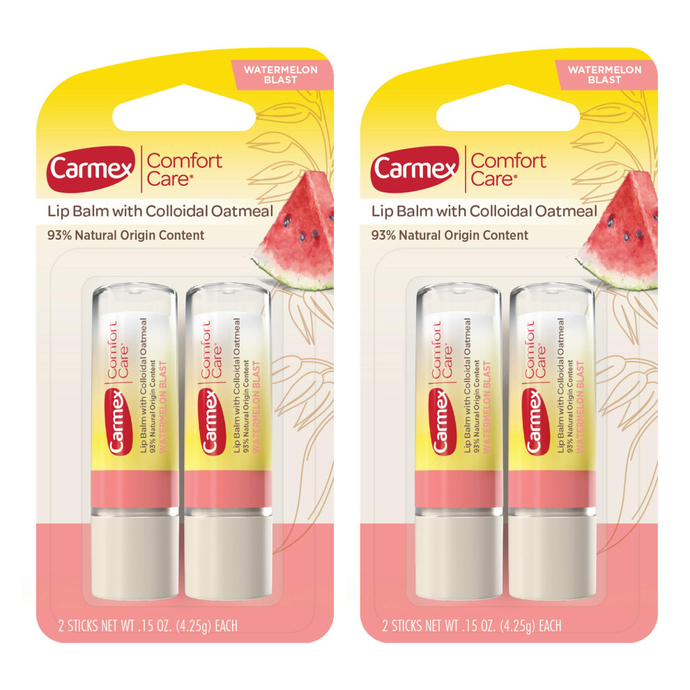 Carmex Comfort Care Lip Balm Sticks with Colloidal Oatmeal  Watermelon Blast Flavor  4 Count (2 Packs of 2)