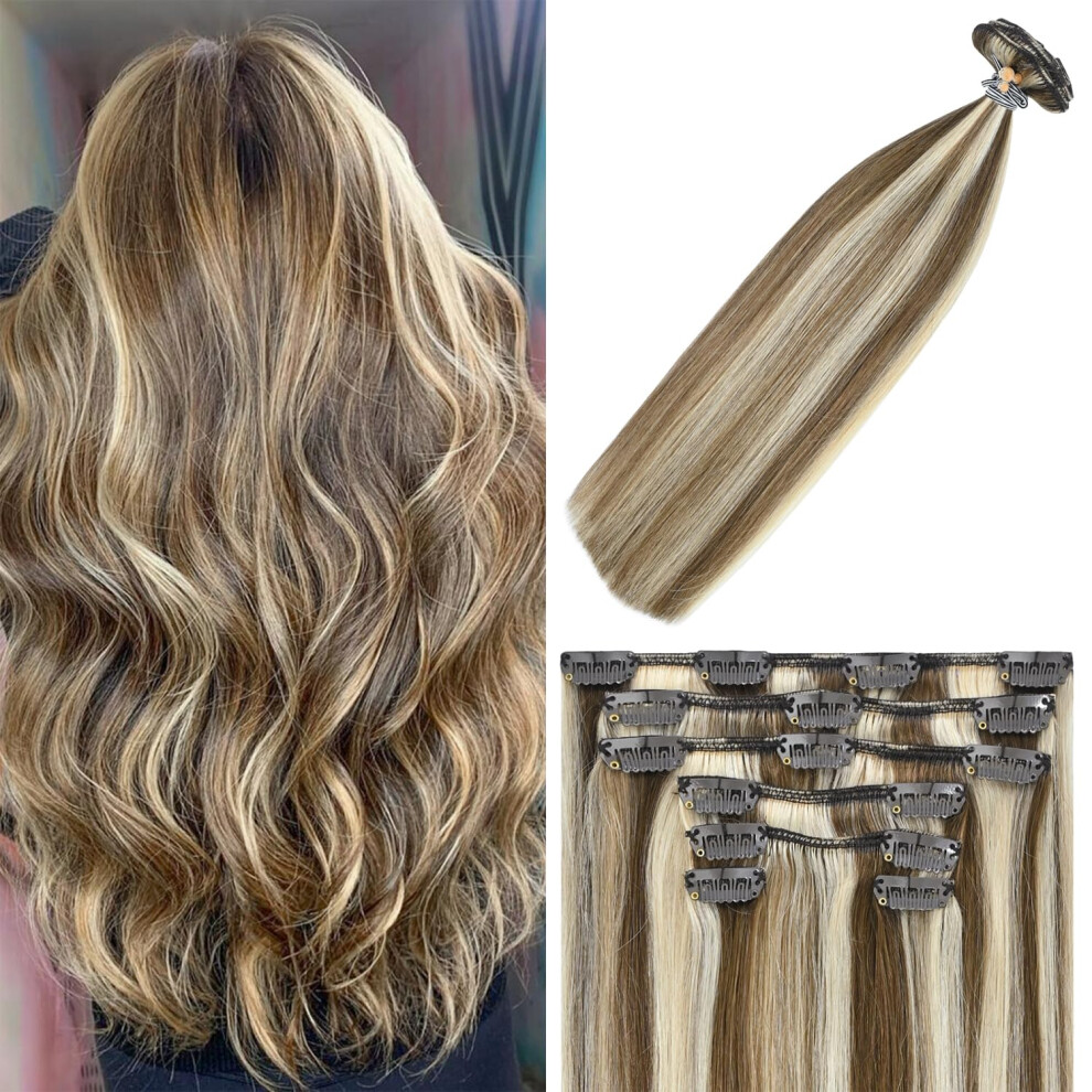 Windtouch Unisex Brown Clip In Hair Extensions Human Hair Medium Light To Blonde Balayage Remy Hair 18Inch 70G Full Head #6P613 7Pcs