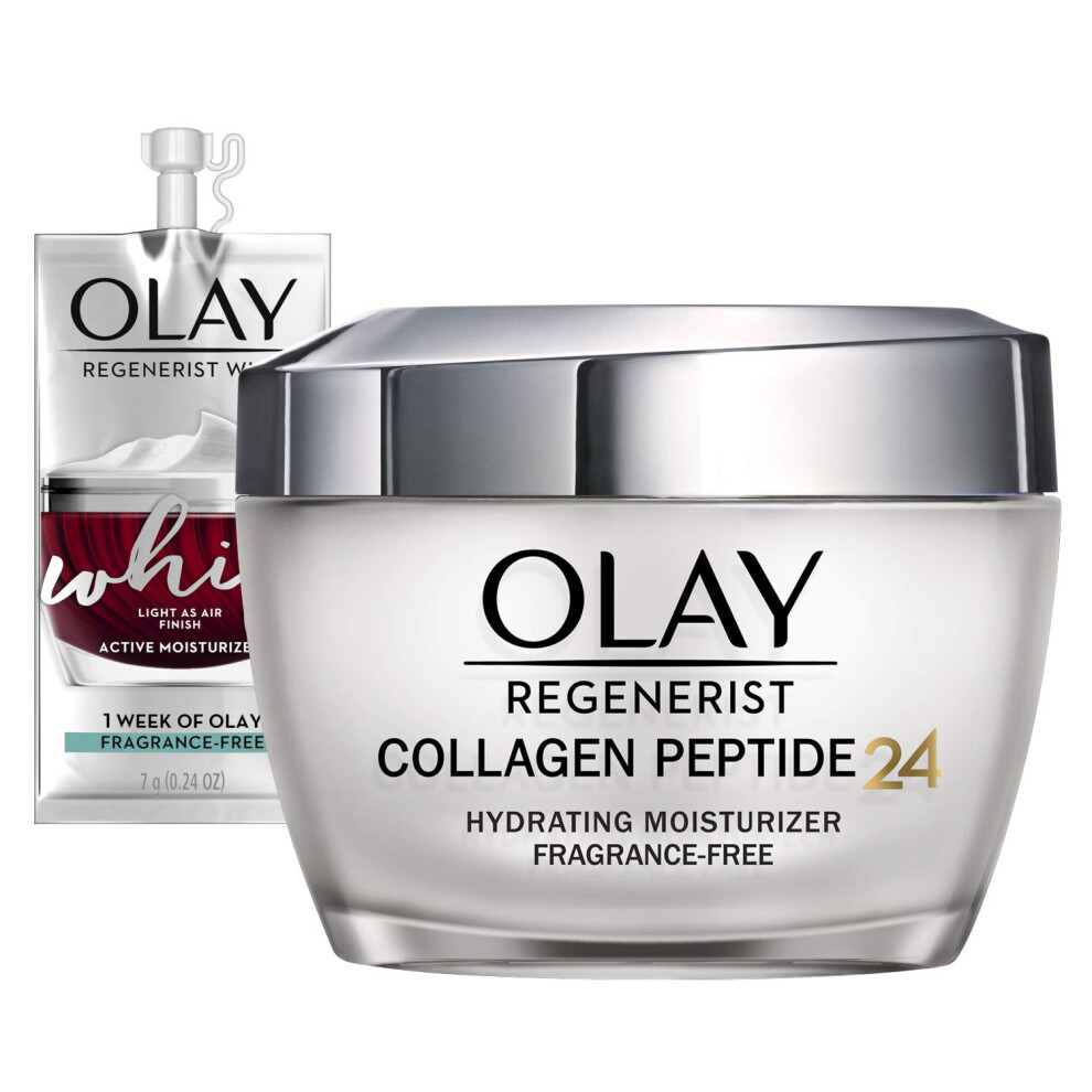 Olay Regenerist Collagen Peptide 24 Face Moisturizer Cream with Niacinamide for Firmer Skin  Anti-Wrinkle Fragrance-Free 1.7 oz  Includes Olay Whip Tr