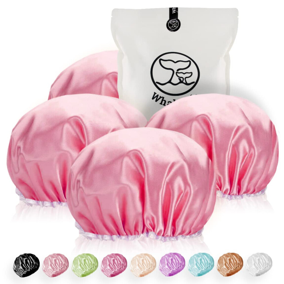 Walleben Pink Shower Cap For Women Reusable Extra Large Shower Cap For Men ( 4 Pack Large) Satin Double Layer Eva Waterproof Long Hair Cap