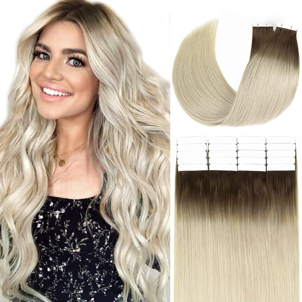 Loxxy Unisex Brown,Silver Tape In Natural Hair Remy Human Hair Extensions Dip Dyed Balayage #2/60 Darker Brown To Platinum Blond Seamless Pu Skin Weft Real Virgin Invisib