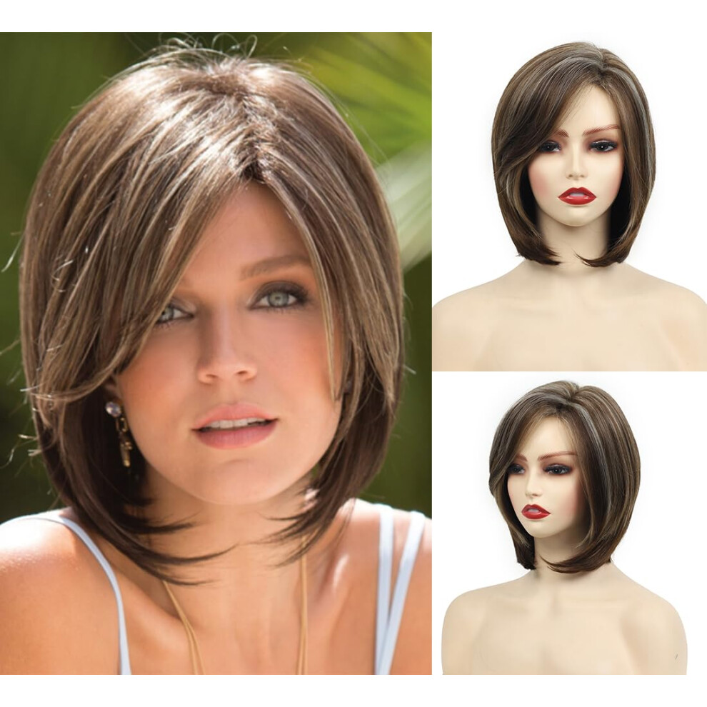 Xiufaxirusi Xiufaxir Xiufaxirusi Xiufaxirusi Brown Bob Wigs For White Women Highlight Short Straight Bob Wig With Side Part Natural Looking Chin Length Synthetic Wig