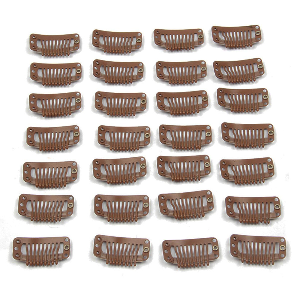 Jffx Unisex Brown 30Pcs Hair Extension Clips Stainless Steel Snap Clips For Hair Extensions Diy Wig Combs Toupee Clips 9-Teeth 32Mm 1.2G/Pc (Light )